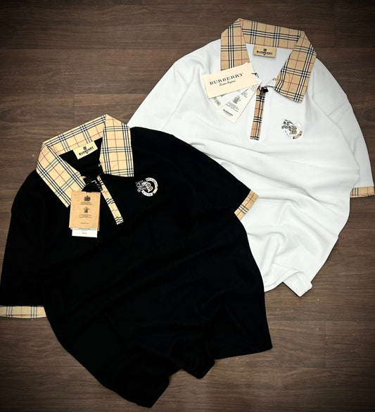 Authentic Burberry Men's Polo T-Shirt – Iconic Check Collar, Classic Black